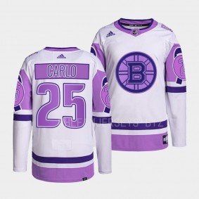 Boston Bruins Brandon Carlo Hockey Fights Cancer White Purple Primegreen Jersey