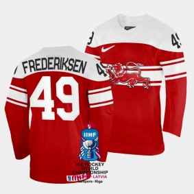 Denmark #49 Christopher Frederiksen 2023 IIHF World Championship Away Jersey Red