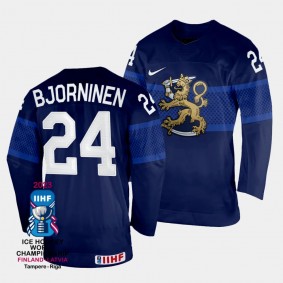 Finland #24 Hannes Bjorninen 2023 IIHF World Championship Away Jersey Navy